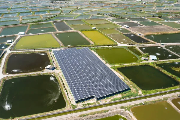Aerial View Solar Panel Farm Fish Pond Electricity Generation — стоковое фото