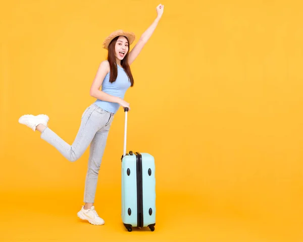 Happy Young Woman Luggage Isolated Yellow Background Summer Travel Concept — Foto de Stock