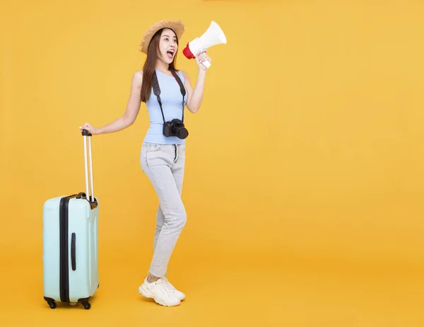 Happy Young Woman Luggage Holding Megaphone Isolated Yellow Background Summer — Stok Foto