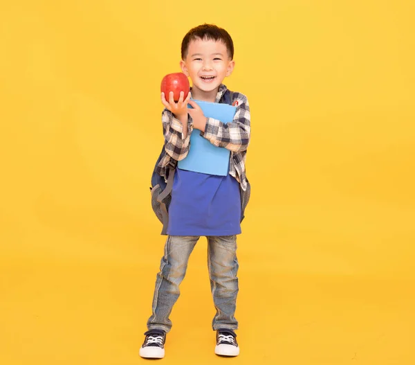 School Kid Backpack Hold Apple Book Isolated Yellow — Zdjęcie stockowe