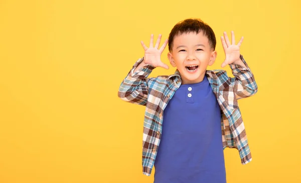 Excited Asian Boy Gesturing Actively Both Hands — Stockfoto