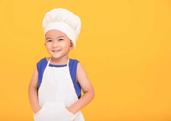 Happy Boy Chef Uniform Yellow Background — Foto Stock
