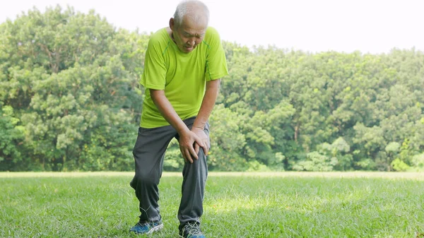 Senior Man Feeling Knee Pain While Running Park — Stock Photo, Image