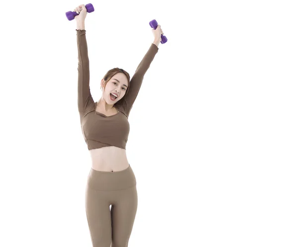 Jeune Femme Avec Haltères Exercice Isolé Sur Blanc — Photo