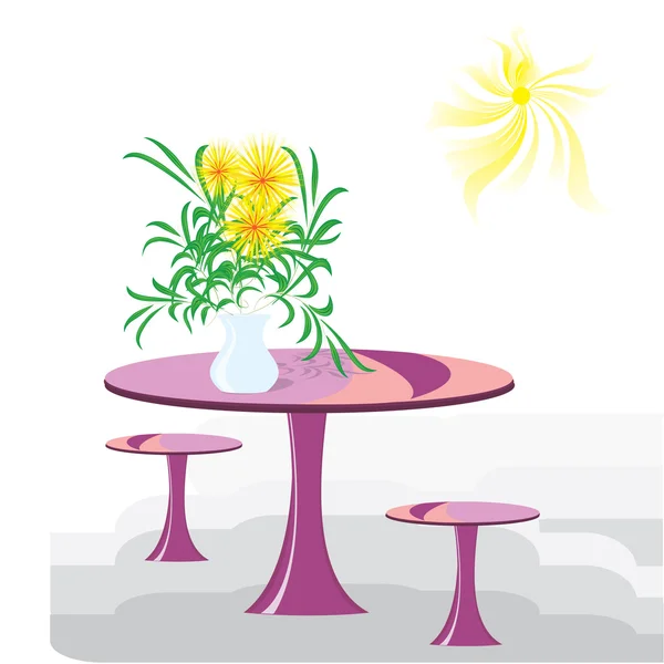 Vase with the flowers on a round table — Stock Vector