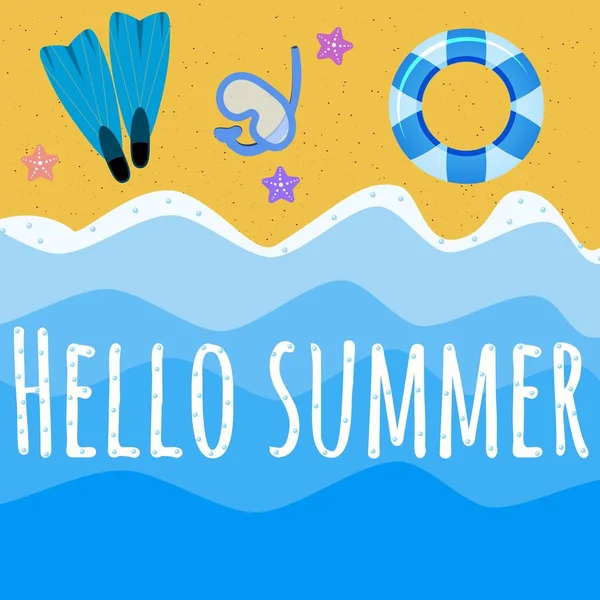 Hello Summer Web Banner Background Sea Sand Inflatable Ring Fins — Stockvektor