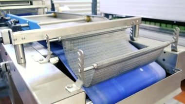 Otomatik taşıma bandındaki bir fırında ekmek üretimi için Hamur. Ekmek üretimi. Gıda endüstrisi