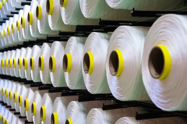 Línea Producción Tejido Industrial Tejer Telares Una Fábrica Textil — Foto de Stock