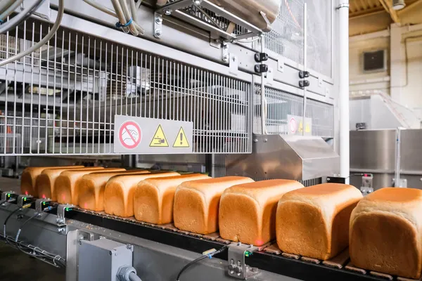 Loafs Pan Una Panadería Una Cinta Transportadora Automatizada Producción Pan Fotos de stock