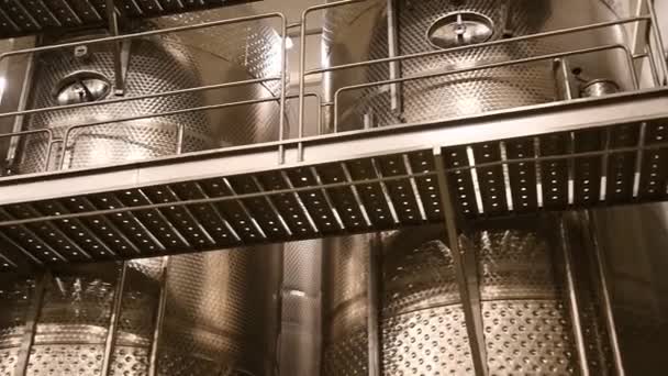 Grote Roestvrijstalen Wijn Destillatie Tanks Silo Voor Wijn Biergisting Stalen — Stockvideo