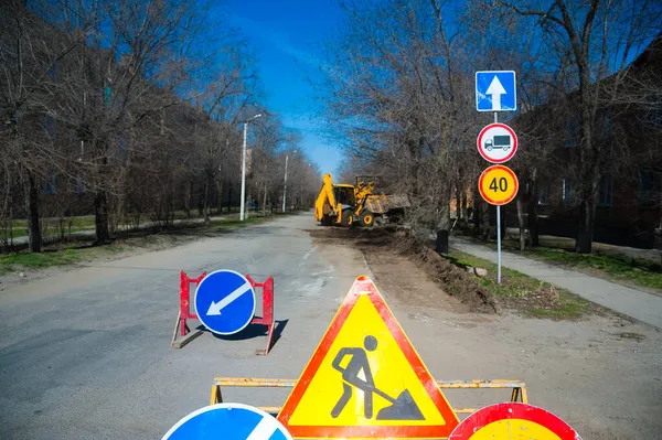 Reparatur Der Alten Und Bau Einer Neuen Asphaltstraße Bagger Grader — Stockfoto