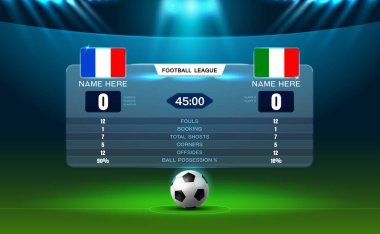 Futbol stadyumunun sahne ışıkları ve parlak ışık vektör illüstrasyonlu skorbord arkaplanı