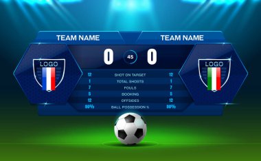 Futbol stadyumunun sahne ışıkları ve parlak ışık vektör illüstrasyonlu skorbord arkaplanı