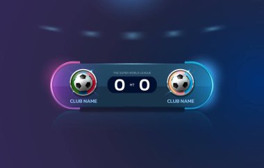 Futbol stadyumunun sahne ışıkları ve parlak ışık vektör illüstrasyonlu skorbord arkaplanı