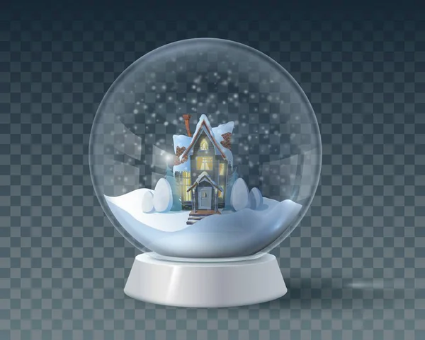 Glass dome winter in wooden house on christmas. Vector — Stock Vector