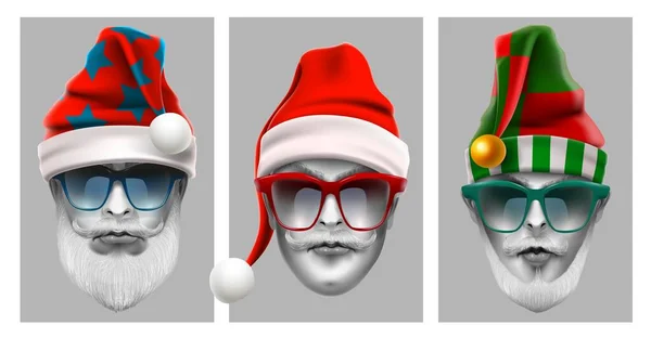Moda Noel Baba hipsterlerinin gerçekçi çizgi roman avatarları. Güneş gözlüklü şık Noel Baba erkekleri.