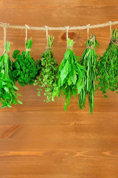 Fresh Herbs Collection is Hanging and Wooden texture — Stock Photo, Image