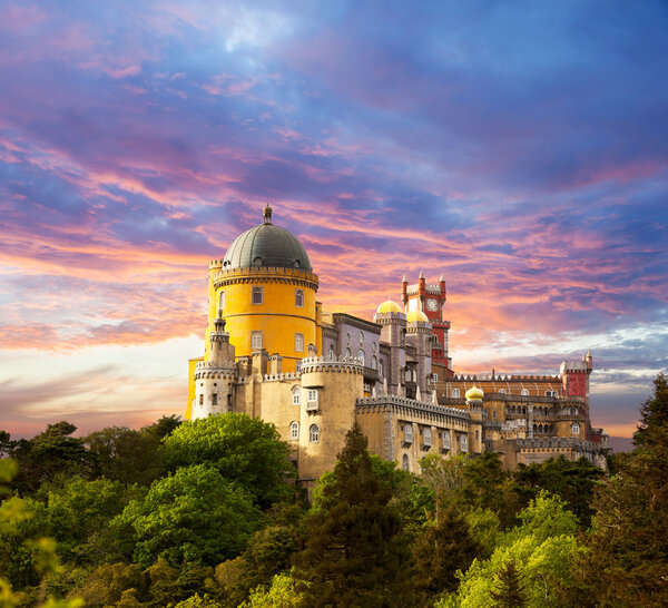 Fairy Palace against sunset sky - Panorama of Palace in Sintra,