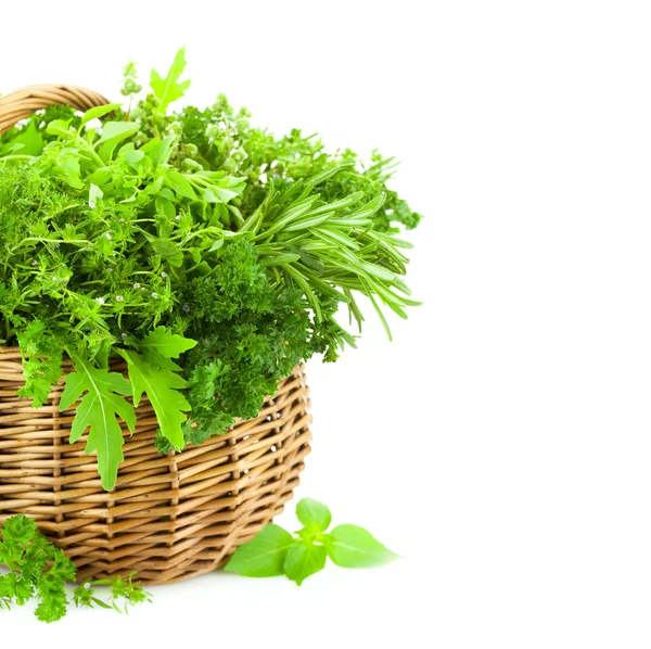 Fresh Spicy Herbs in Basket - isolated on white — Stock Photo, Image