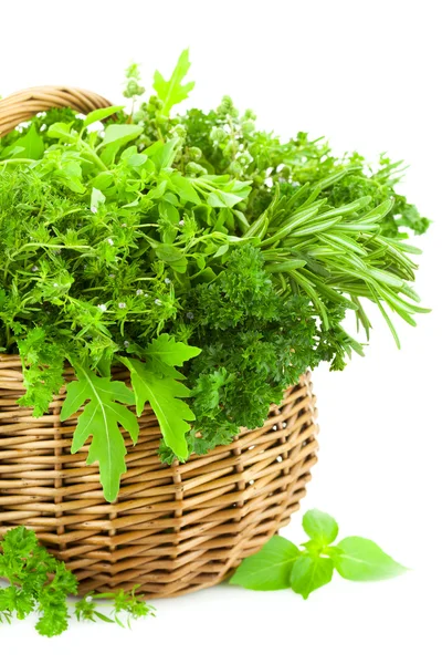 Fresh Spicy Herbs in Basket -  isolated on white — Stock Photo, Image