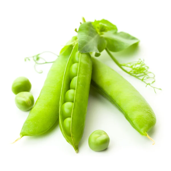 Fresh Pea's Pods, Open and Closed with leaves - isolated on whit — Stock Photo, Image