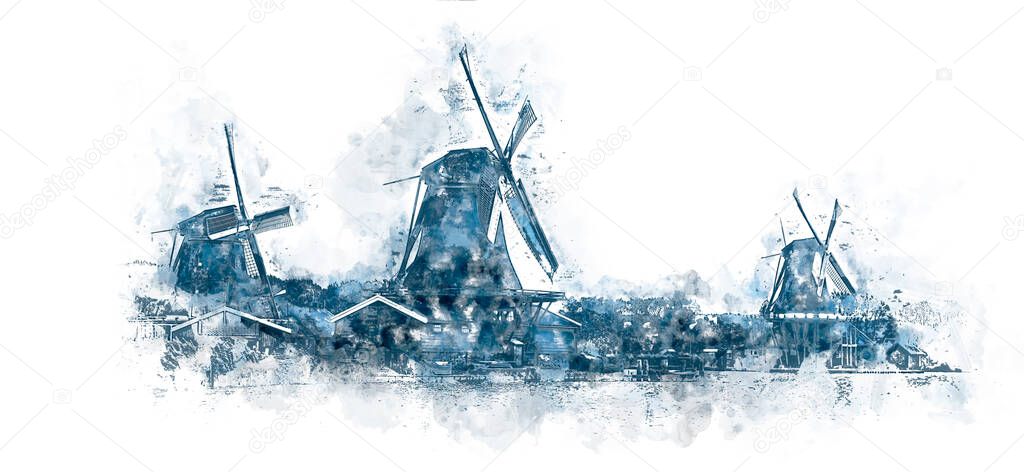Watercolor art  of windmills in the style of the popular Delft blue painting. Popular painting of Holland. Art image on a white background. Holland, Europe. Based on a real photo.