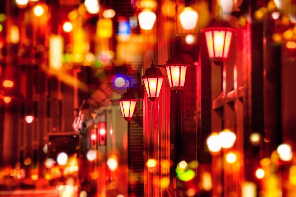 Háttér Utcai Lámpák Piros Lámpás Negyed Amszterdamban Éjszaka Háttér Szelektív — Stock Fotó