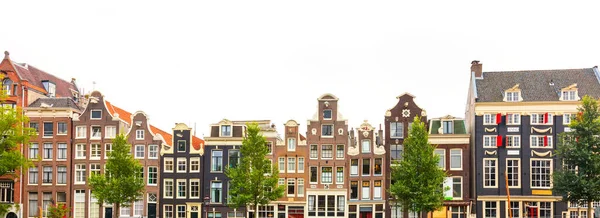 Panorámás Kilátás Híres Amszterdami Házak Háttér Elszigetelt Fehér Különböző Hagyományos — Stock Fotó