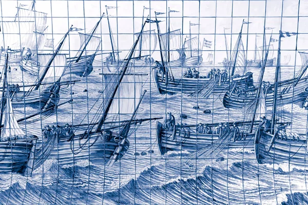 市内の公共の場所で壁のタイルに伝統的な青の絵画 海で船員や船のイメージ アムステルダム オランダ ヨーロッパ — ストック写真