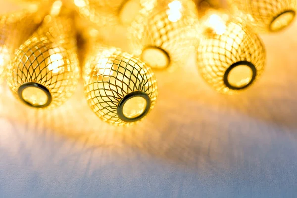 Holiday Decorations Background Lit Garland Lights Create Festive Mood Festive — Stock Photo, Image