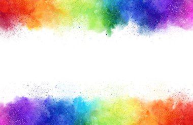 Rainbow watercolor frame background on white. Pure vibrant watercolor colors. Creative paint gradients, fluids, splashes and stains. Abstract creative design background.