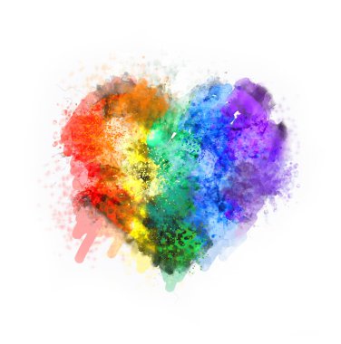 Concept LGBTQ rainbow heart in the style of watercolor with splashes of paint and strokes.  Creative conceptual background symbol on a textured white background. Illustration clipart