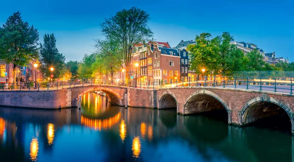 Romantic Amsterdam Lit Lights Evening Panoramic View Famous Historic Center — Stock Photo, Image