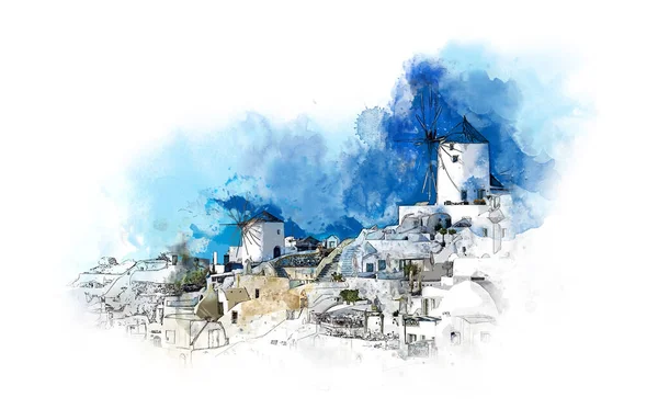 艺术家桑托里尼 名城欧亚市的水彩画 老的著名磨坊 浪漫的假期和美好的纪念品 Oia Santorini — 图库照片