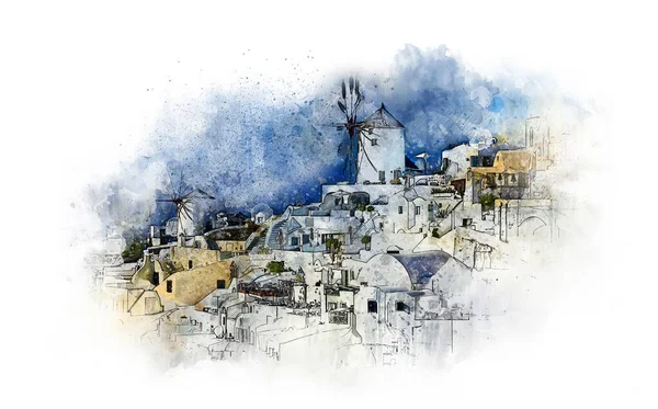 桑托里尼的艺术水彩画 名城欧亚市的水彩画 老的著名磨坊 浪漫的假期和美好的纪念品 Oia Santorini — 图库照片