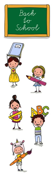 Okula geri döndüm. Cetvel, kalem, fırça ve ABC 'si olan sevimli kızlar ve oğlanlar. Okula dönmekten heyecan duyuyorlar. Dikey pankart veya tebrik kartı için uygun.