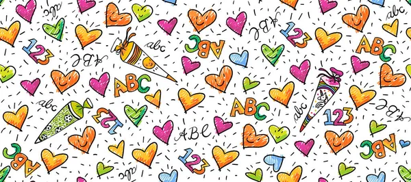 Kusursuz dekoratif doğum günü ya da okul şablonu. Sayılar ve harflerle dolu mutlu kalpler. Renkli el yapımı karalamalar. Paket kağıdı, dekorasyon, parti kağıdı, hediye pazarı için uygun. okul malzemeleri