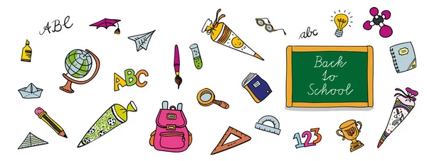 Okula dönüş - okul gereçleri, cetvel, kalem, fırça ve ABC ile karatahta - yatay pankart veya tebrik kartı için renkli el çizimi karikatür.