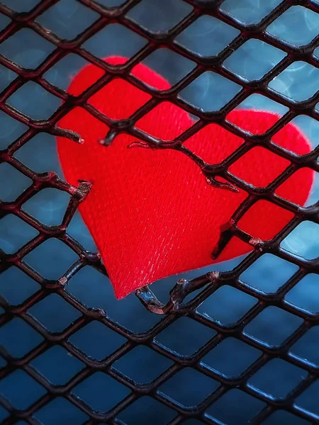 Corazón Rojo Rompe Través Una Rejilla Metal Macro Una Foto —  Fotos de Stock