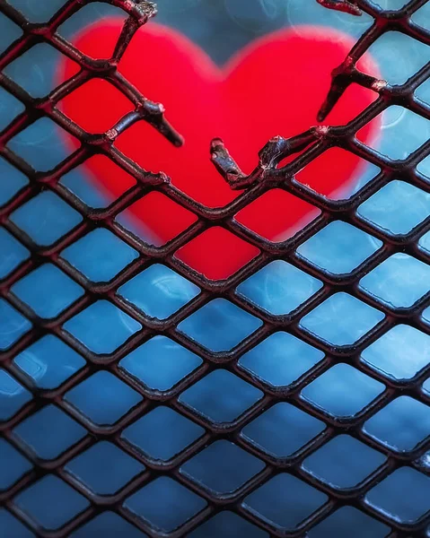 Red Heart Breaks Free Metal Grate Macro Photo High Quality — Stock Photo, Image