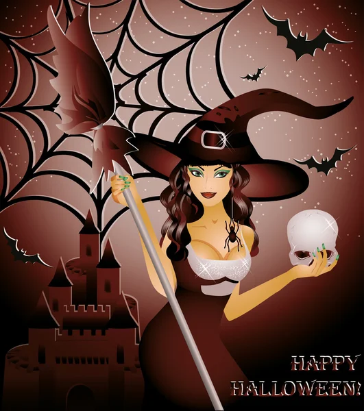 Feliz cartão de Halloween, bruxa sexy e crânio — Vetor de Stock