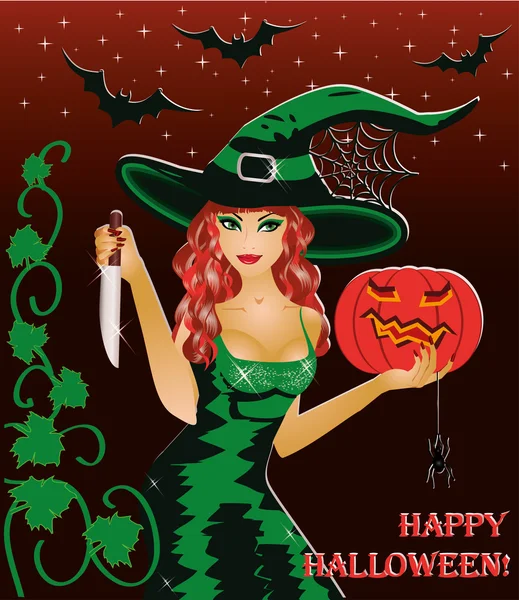 Glückliche Halloween-Karte. rothaarige Hexe mit Messer und Kürbis. Vektorillustration — Stockvektor