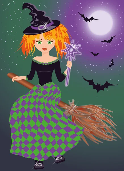 Uma jovem bruxa voando em uma vassoura, ilustração vetorial — Vetor de Stock