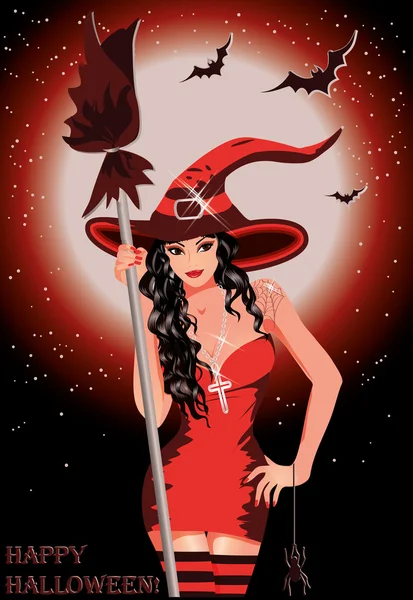 Feliz Halloween. Bruja sexy con escoba — Vector de stock