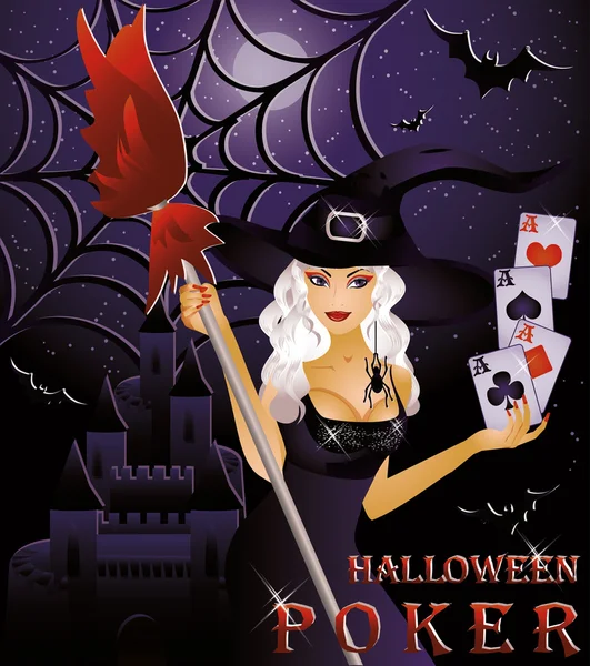 Seksi cadı, vektör çizim ile Halloween poker kartı — Stok Vektör