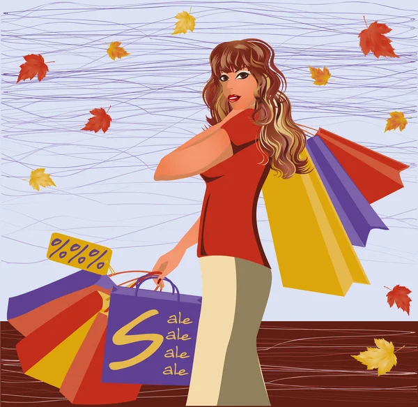 Φθινόπωρο κορίτσι ψώνια, εικονογράφηση φορέας — Διανυσματικό Αρχείο