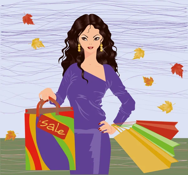 Herfst winkelen brunette meisje, vectorillustratie — Stockvector
