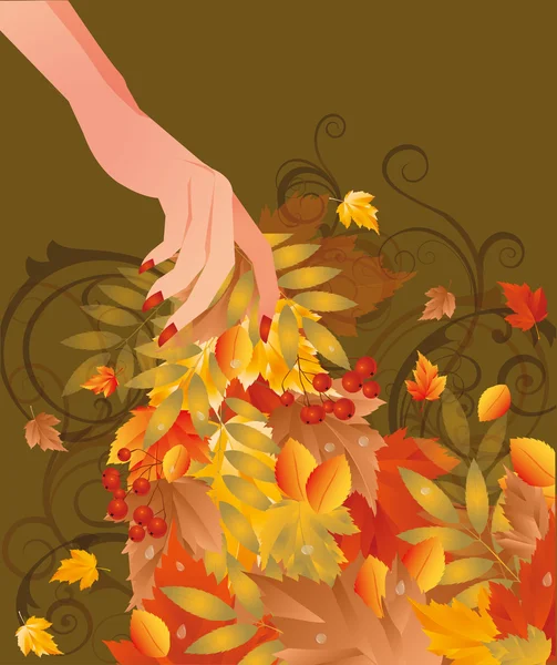 Tarjeta de otoño con mano femenina, ilustración vectorial — Vector de stock