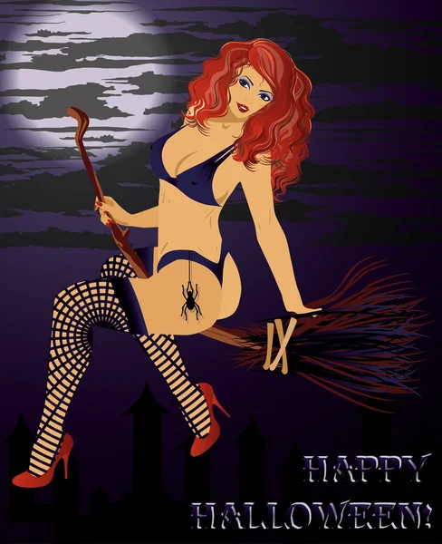 Halloween bruja sexy volando en una escoba, ilustración vectorial — Vector de stock