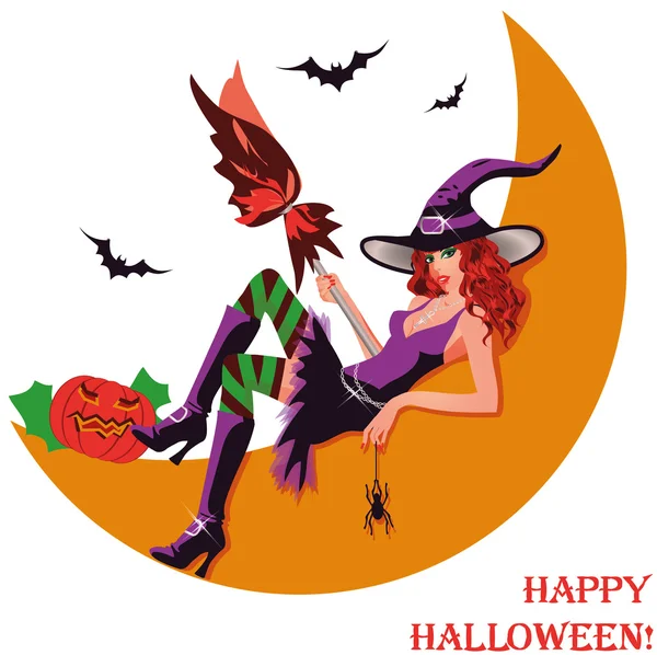 Bruja y luna de Halloween. ilustración vectorial — Vector de stock